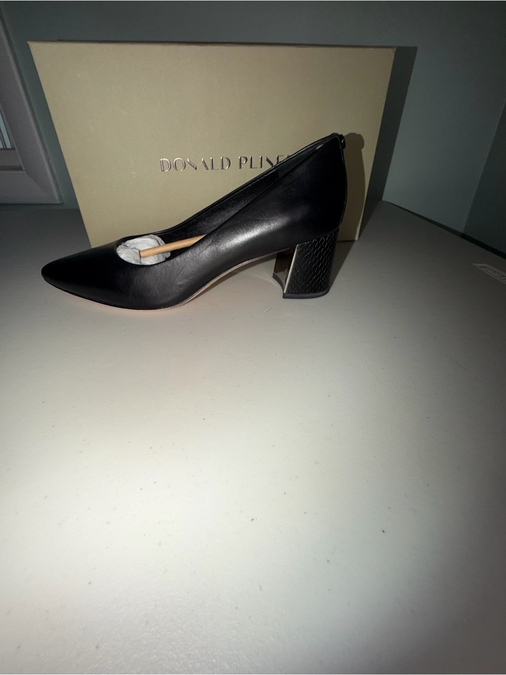 Donald J. Pliner Black Leather Pointed Toe Block Heel Pump with Textured Heel
